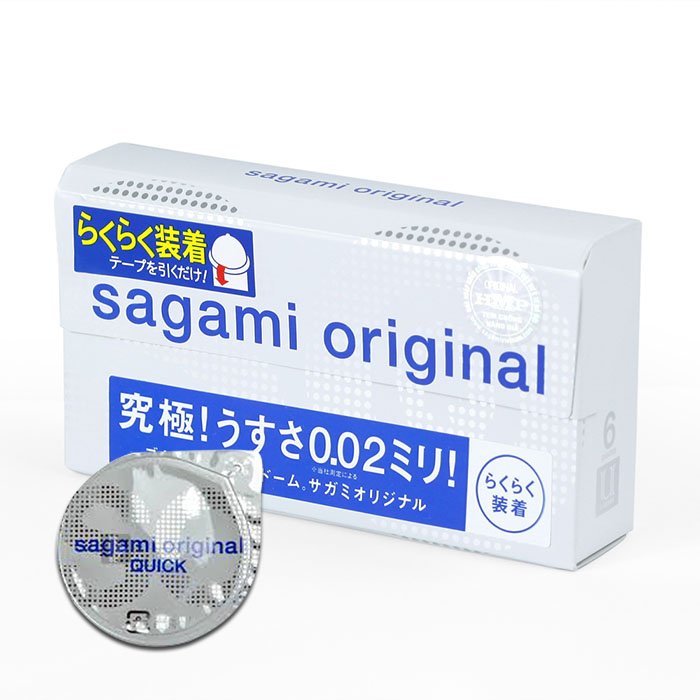 Bao cao su Sagami Original 0.02 Quick hộp 6 cái – thiết kế hộp nhỏ gọn, siêu mỏng 0.02mm, chất liệu Polyurethane cao cấp.