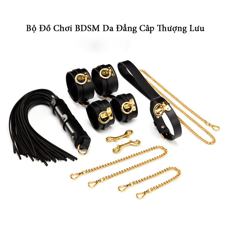 Bộ đồ chơi BDSM da cao cấp thượng lưu gồm roi da, khóa tay chân, vòng cổ và dây xích mạ vàng