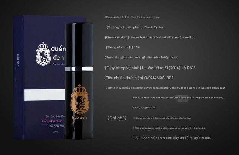 Hình ảnh chai xịt Black Panther 10ml kèm hộp, hiển thị thông số kỹ thuật và giấy phép sử dụng